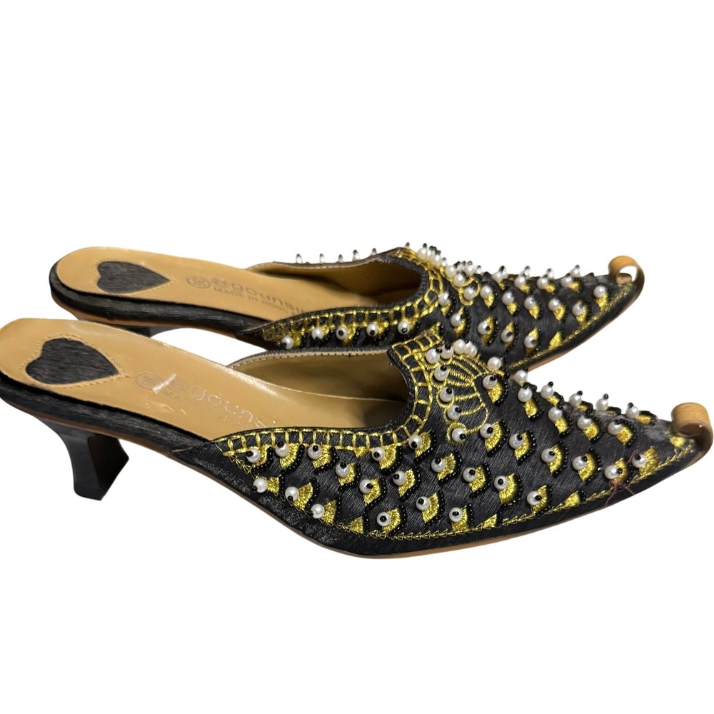 VTG Egounsin Beaded Evil Eye Mule Heels‎ Y2K Pearl Pointed Toe EU 36 US 5.5 / 6